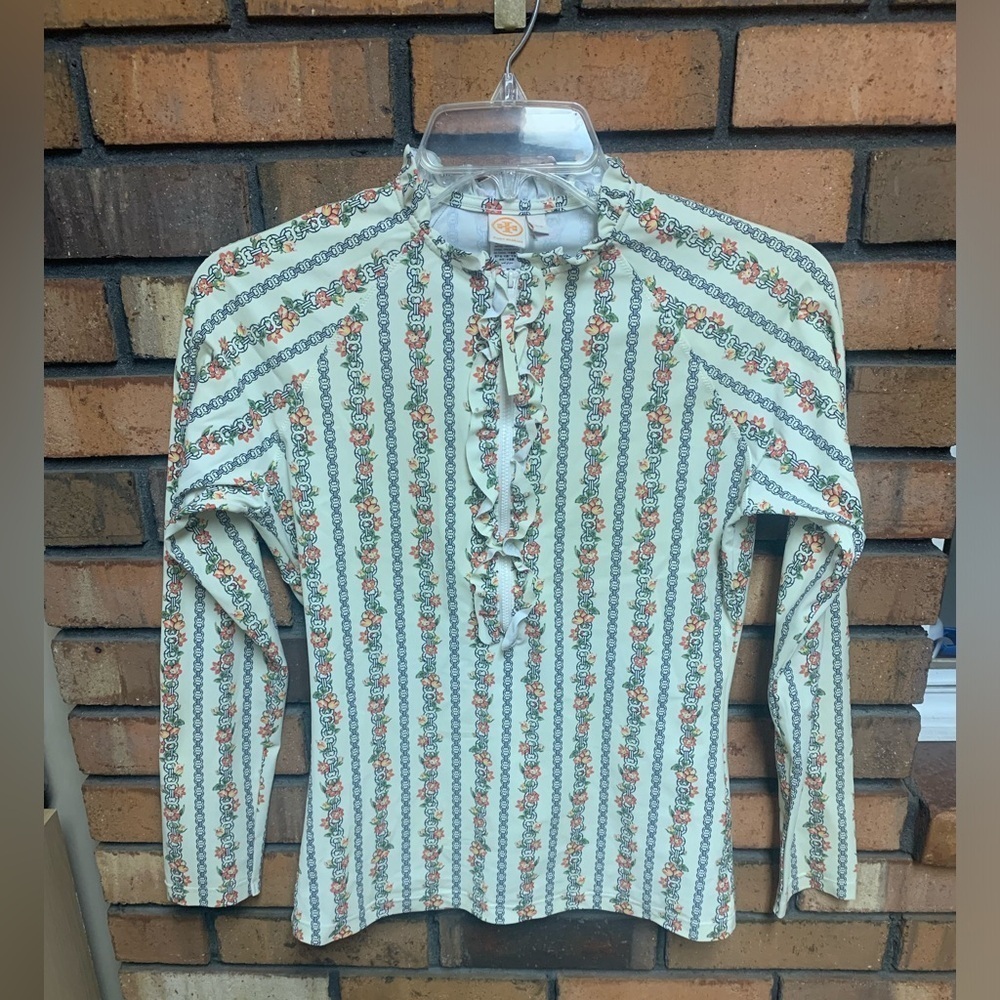 Tory Burch Gemini Link Rose Print Ruffled Surf Shirt